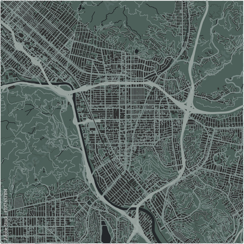 Map of Glendale in California in a smooth dark style. Contains layered vector with roads water, parks, etc.