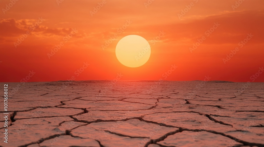 Obraz premium Blazing sun sets over a dramatically cracked and desiccated earth landscape highlighting the intense heat and drought conditions of an extreme heatwave The fiery