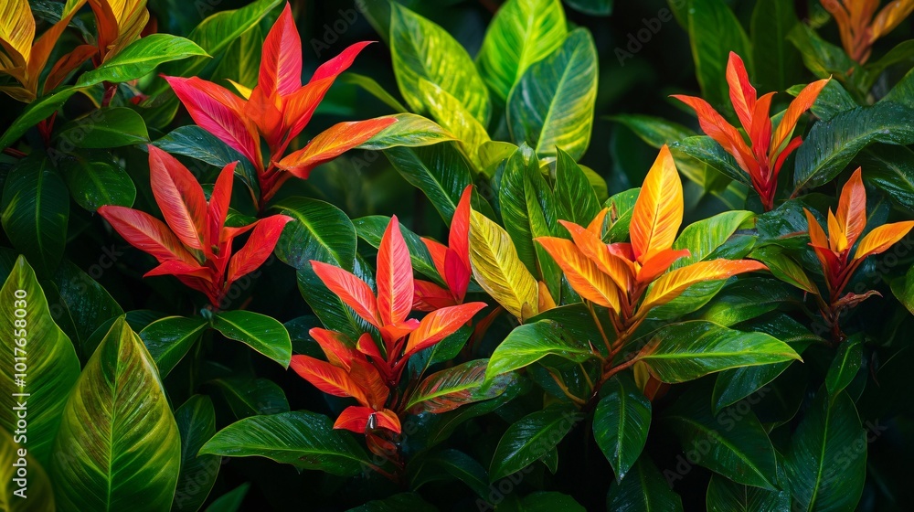Lush green foliage with bright red and yellow leaves. Lush green foliage with bright red and yellow leaves.