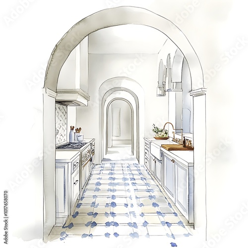 Watercolor illustration of a kitchen interior with arched doorways and a patterned tile floor.