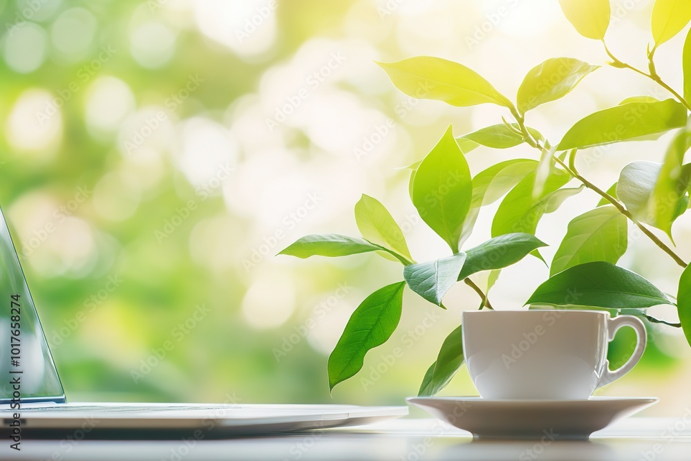 A peaceful workspace with a plant and a coffee cup beside an open laptop. Soft natural light. Home office background. A peaceful workspace with a plant and a coffee cup beside an open laptop. Soft natural light. Home office background.