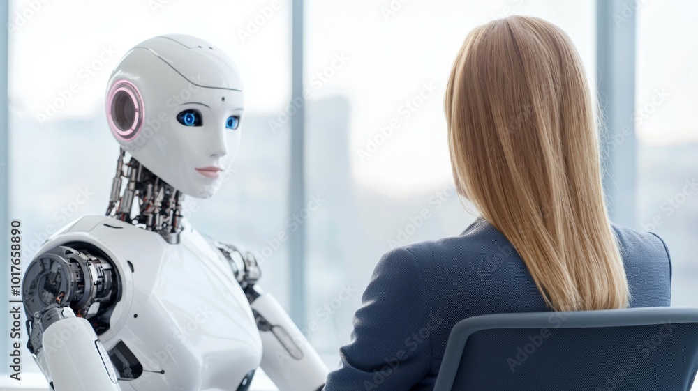 Conversation between a humanoid robot and a woman during a technology presentation in a modern office setting Conversation between a humanoid robot and a woman during a technology presentation in a modern office setting