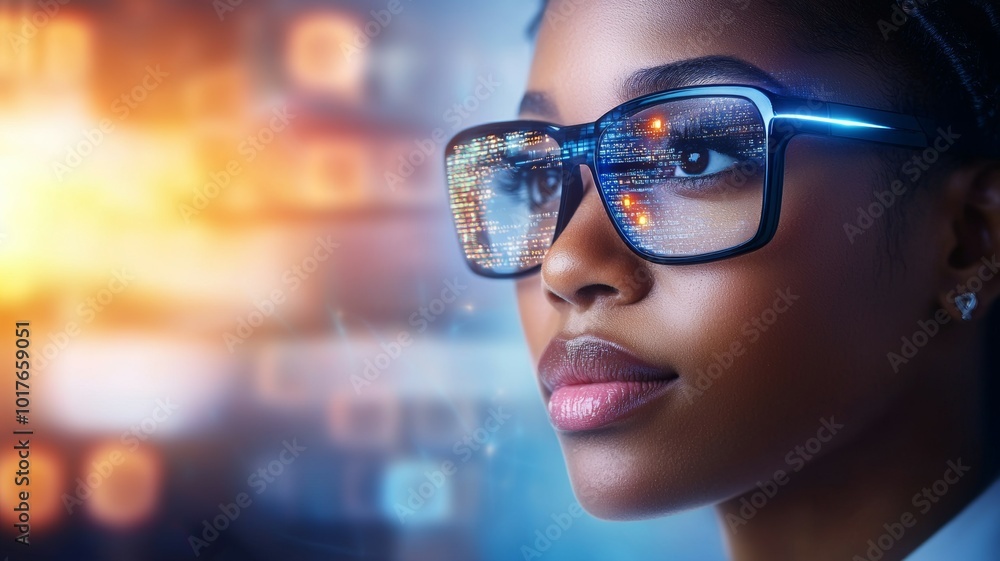 A young woman wearing stylish glasses looks thoughtfully into the distance, amidst a backdrop of colorful digital displays during the evening A young woman wearing stylish glasses looks thoughtfully into the distance, amidst a backdrop of colorful digital displays during the evening