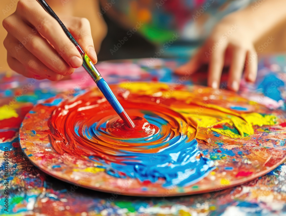Obraz premium A hand holding a paintbrush mixes vibrant colors on a palette, showcasing artistic creativity.