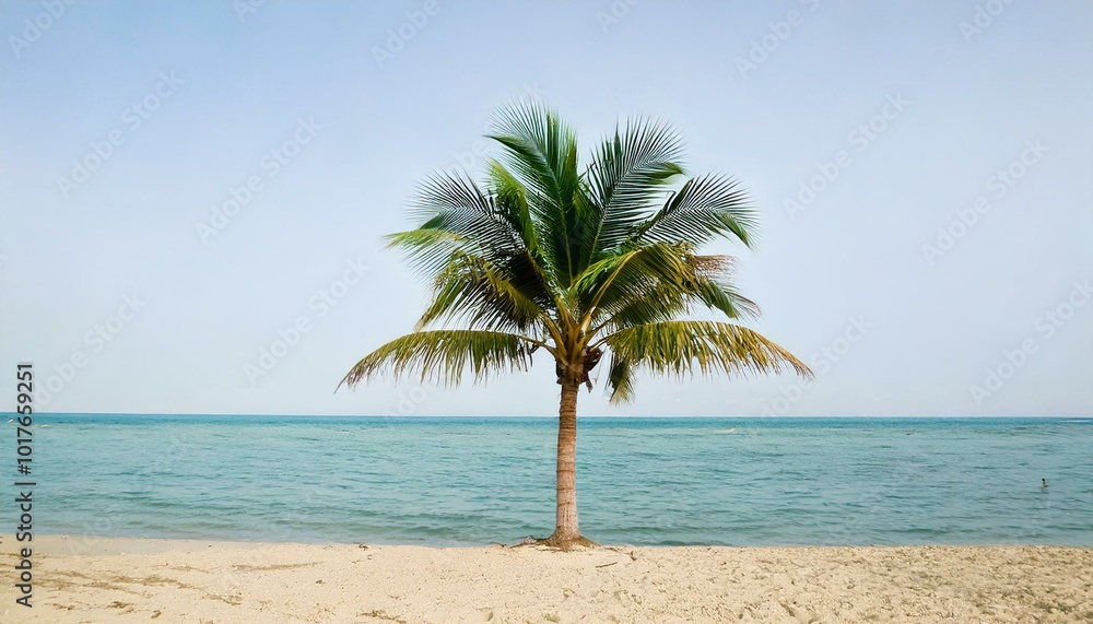 Obraz premium Lone Palm Tree on Beach on Tropical Island white sky