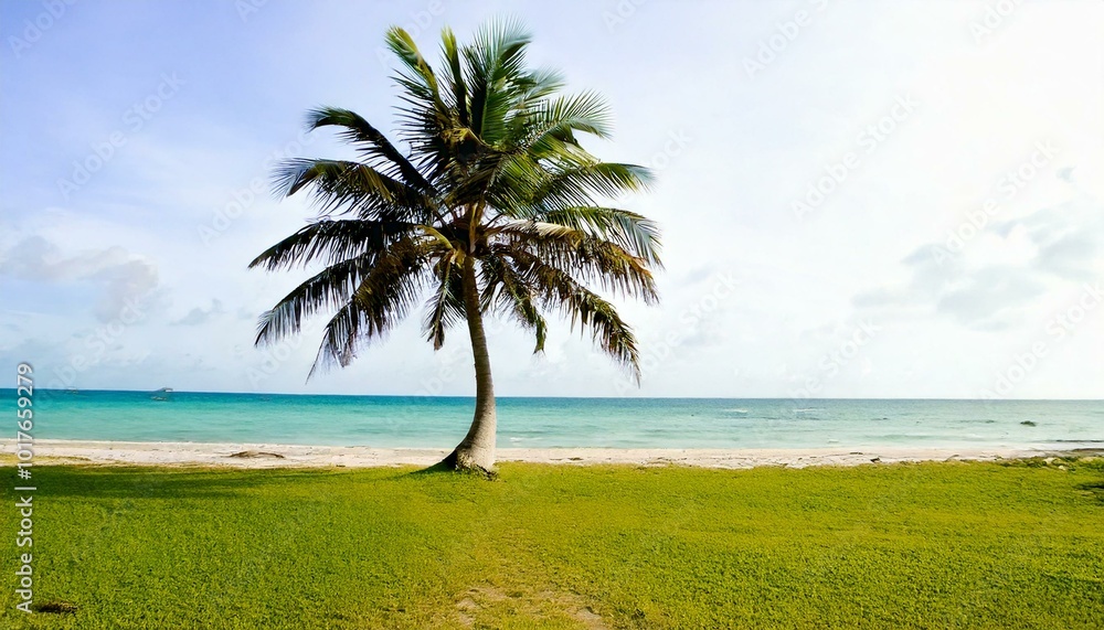 Lone Palm Tree on Beach on Tropical Island white sky Lone Palm Tree on Beach on Tropical Island white sky