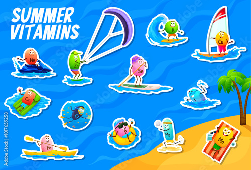 Cartoon vitamins and micronutrients on summer vacation, vector characters stickers. Funny happy vitamin characters on summer holiday at sea, kayaking or swimming and snorkeling or surfing on waves