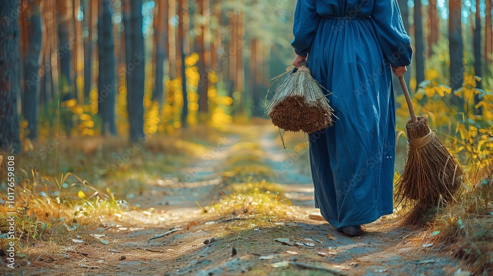igure dressed in a long blue gown walking down a forest path, carrying a bundle of herbs and a broom, evoking an image of a healer or witch in a serene igure dressed in a long blue gown walking down a forest path, carrying a bundle of herbs and a broom, evoking an image of a healer or witch in a serene