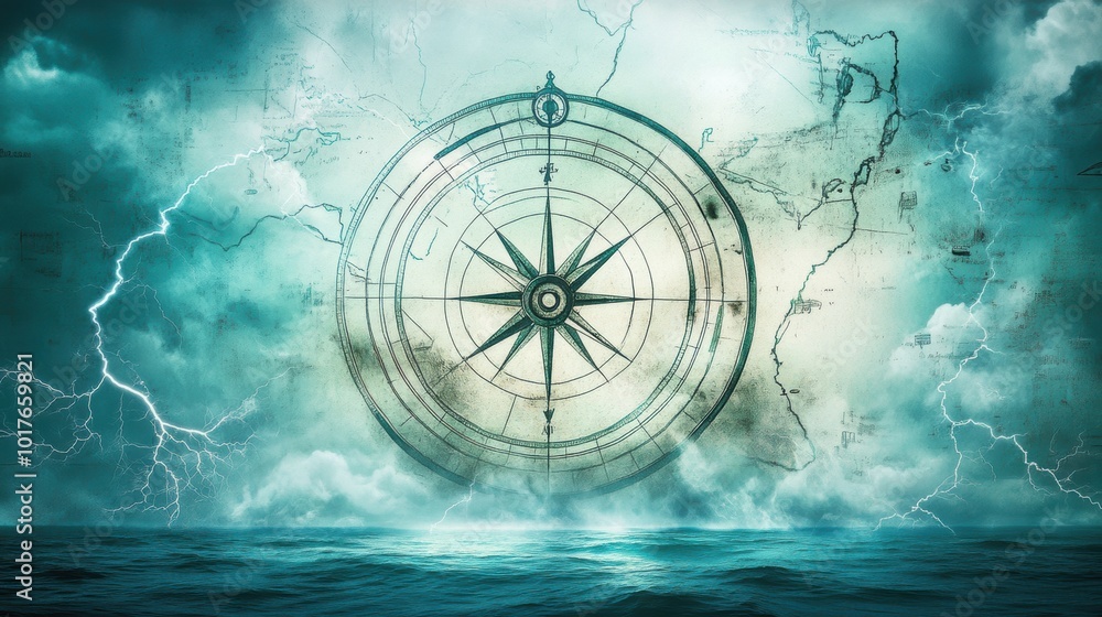 Fototapeta premium Vintage Compass Over Stormy Sea Background