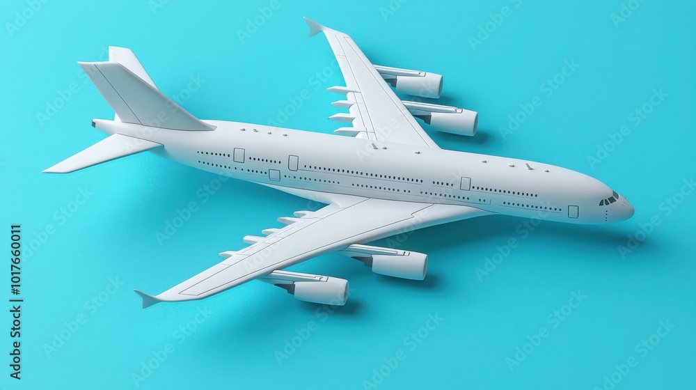 Sleek, minimalistic 3D model of a commercial airplane against a soft blue backdrop, exuding modern elegance and sophistication. Sleek, minimalistic 3D model of a commercial airplane against a soft blue backdrop, exuding modern elegance and sophistication.
