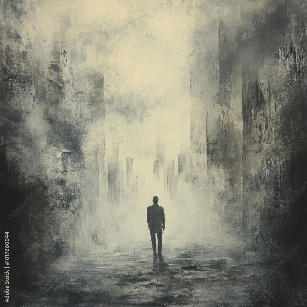 Solitude in the Mist: A lone figure walks through a deserted, mist-shrouded city, evoking a sense of mystery, isolation, and contemplation. Solitude in the Mist: A lone figure walks through a deserted, mist-shrouded city, evoking a sense of mystery, isolation, and contemplation.