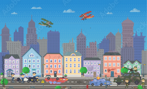 Busy street with colorful buildings, people, cars and planes flying overhead. Ideal for city life, urban planning, vintage aviation, transportation, pixel art. Police and military