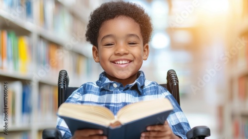 A joyful young boy in a wheelchair smiles while holding a book in a brightly lit library filled with colorful shelves and books