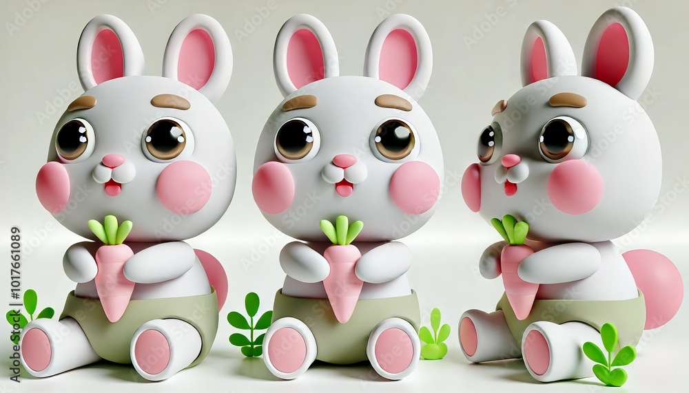 Fototapeta premium Cute Cartoon Bunny Rabbit Holding Carrot 3D Render