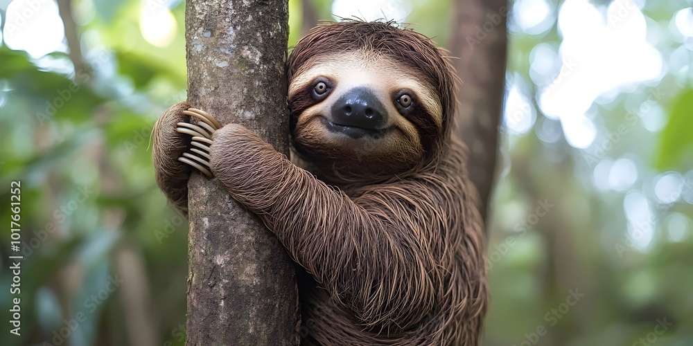 A sloth with a happy expression hangs onto a tree trunk with its long claws. A sloth with a happy expression hangs onto a tree trunk with its long claws.