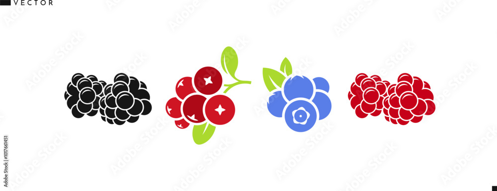 Berries with leaves icon. Isolated raspberry blackberry blueberry and cranberry Berries with leaves icon. Isolated raspberry blackberry blueberry and cranberry