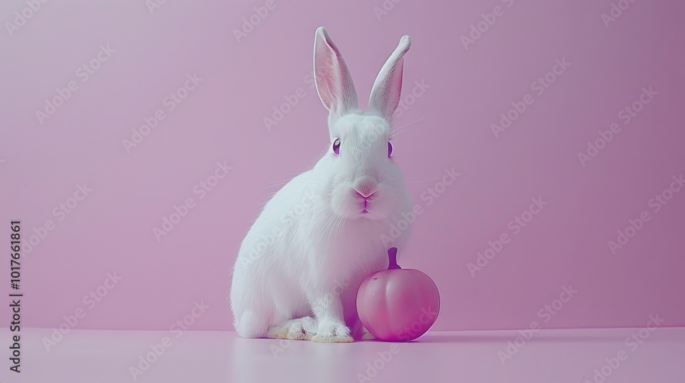 White rabbit sitting next to a pink pumpkin against a pink background White rabbit sitting next to a pink pumpkin against a pink background