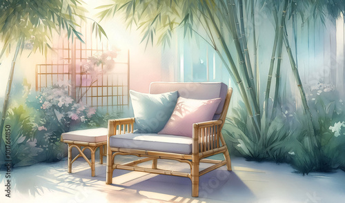  Watercolor a minimalist seating area with a pink and blue color scheme.