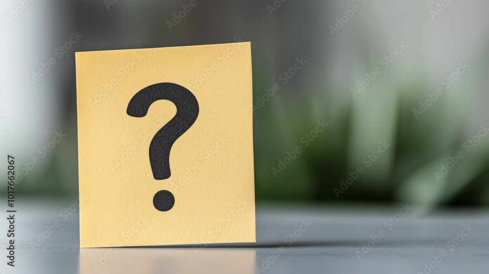 A yellow sticky note with a question mark placed on a table surface, surrounded by a blurred green background, indicating uncertainty or inquiry during daytime A yellow sticky note with a question mark placed on a table surface, surrounded by a blurred green background, indicating uncertainty or inquiry during daytime