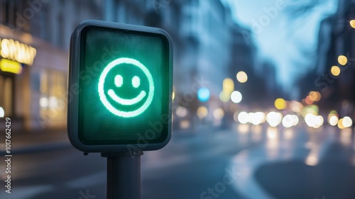 A cheerful pedestrian signal with a smiling face glows green, inviting walkers to cross an urban street in the early evening as traffic passes by