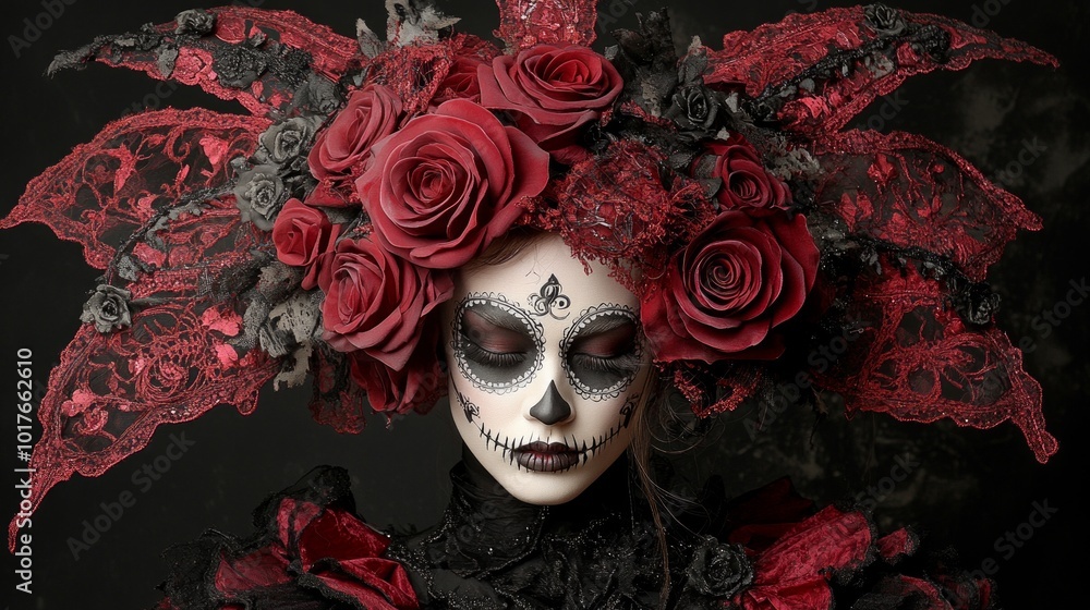 This vibrant display features a woman dressed in ornate lace, with a striking floral headdress and dramatic makeup, as she honors the Day of the Dead celebration This vibrant display features a woman dressed in ornate lace, with a striking floral headdress and dramatic makeup, as she honors the Day of the Dead celebration