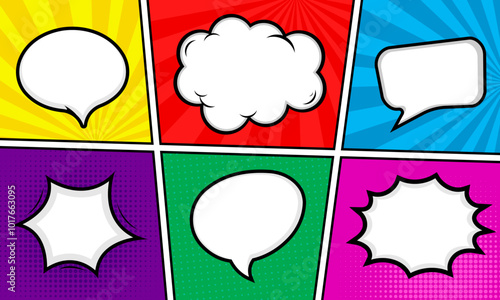 Colorful panel comic with blank speech bubble set
