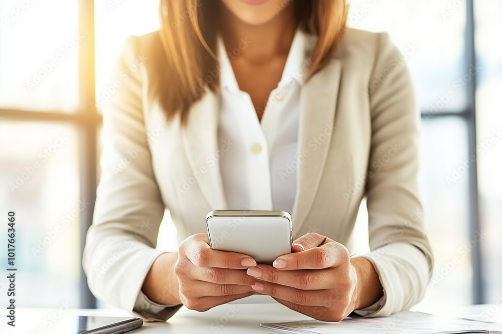Businesswoman Using Smartphone in Modern Office Setting Businesswoman Using Smartphone in Modern Office Setting