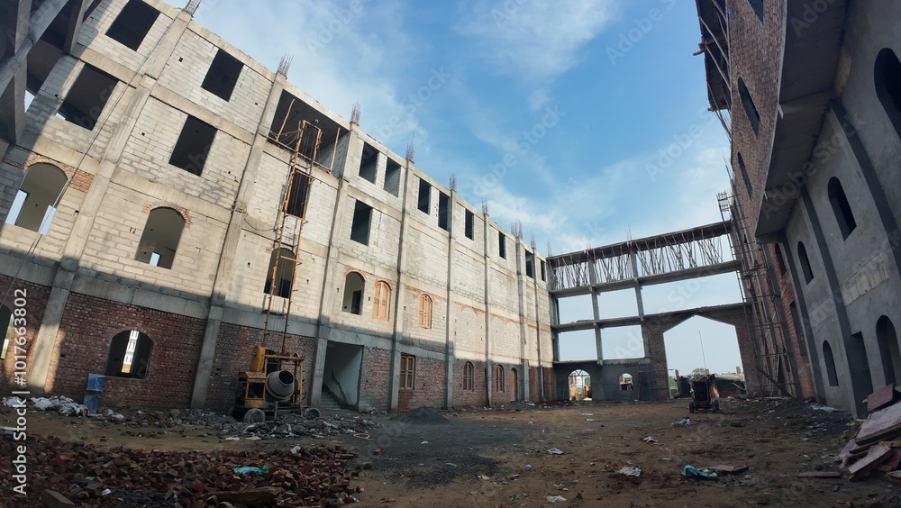 Fototapeta premium Under-Construction Building Site with Cement Mixer and Scaffolding