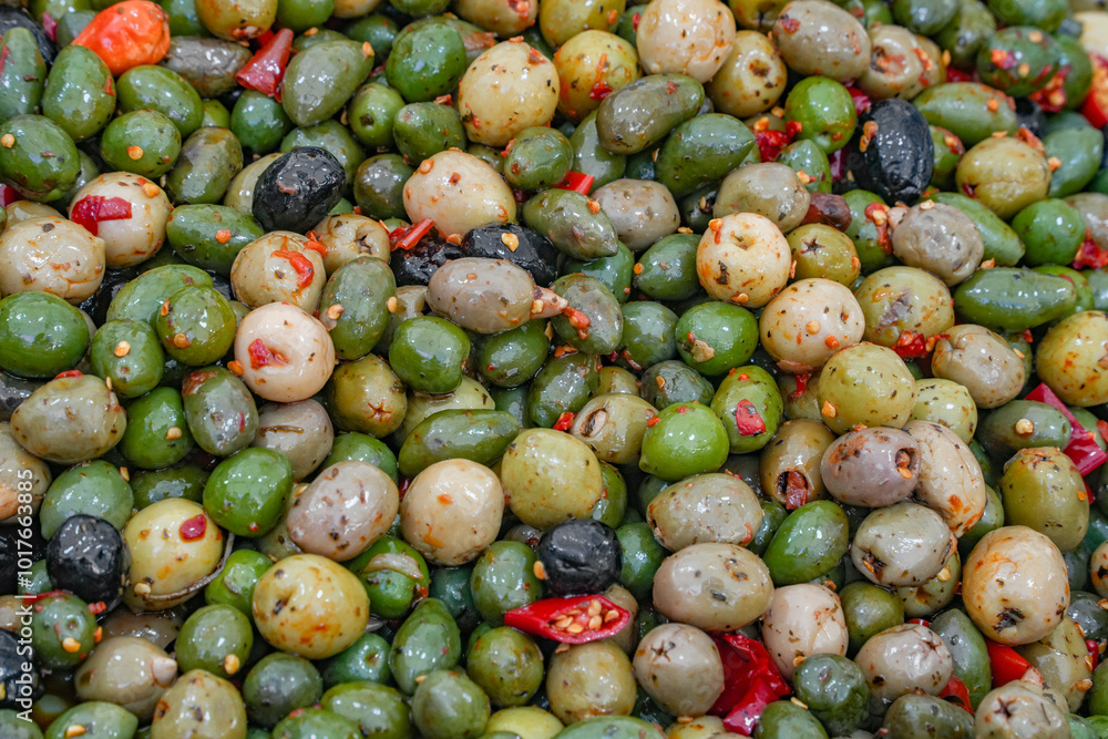 Background of green and black, spicy olives. Background of green and black, spicy olives.