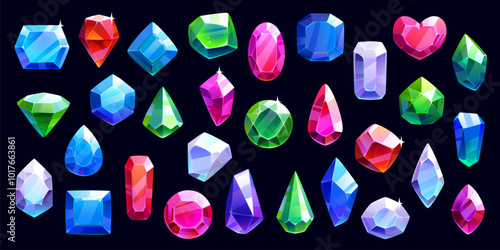Cartoon crystal gems and jewelry, game asset. Vector jewels, magic crystals, vibrant, shiny gemstone decorations in heart, round, oval, square, rectangular, teardrop, hexagonal and rhombus shapes