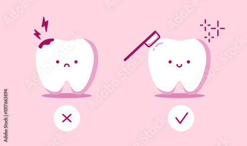 Cute teeth with different emotions. Dental care concept. Gentle oral care. Bad tooth with caries and bacteria. Healthy tooth with shine and smile. Good for website, label design, children's dentistry