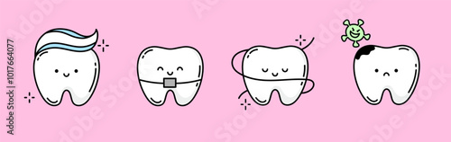 Cute teeth set with different emotions. Different tooth conditions. Tooth with toothpaste hairstyle, Braces, Dental floss and Tooth with caries and bacteria. Vector Outline illustration