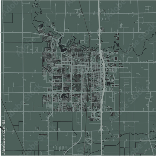 Map of Lodi in California in a smooth dark style. Contains layered vector with roads water, parks, etc.