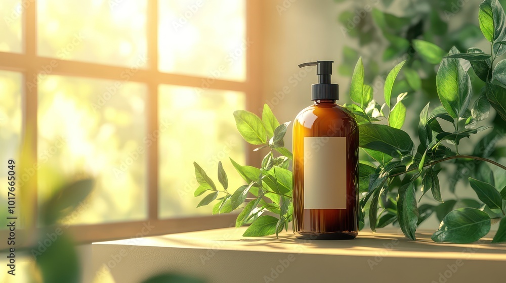 Amber glass bottle with pump dispenser and blank label, surrounded by green leaves, set against a sunny window. Amber glass bottle with pump dispenser and blank label, surrounded by green leaves, set against a sunny window.