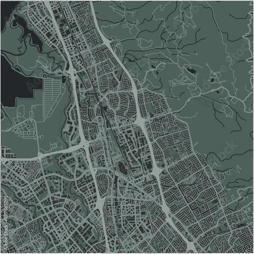 Map of Milpitas in California in a smooth dark style. Contains layered vector with roads water, parks, etc. photo