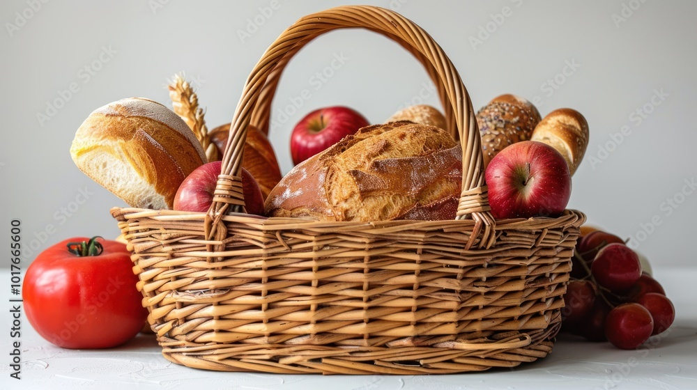 A rustic woven basket filled with an assortment of breads, red apples, and fresh tomatoes on a light backdrop. Generative AI A rustic woven basket filled with an assortment of breads, red apples, and fresh tomatoes on a light backdrop. Generative AI