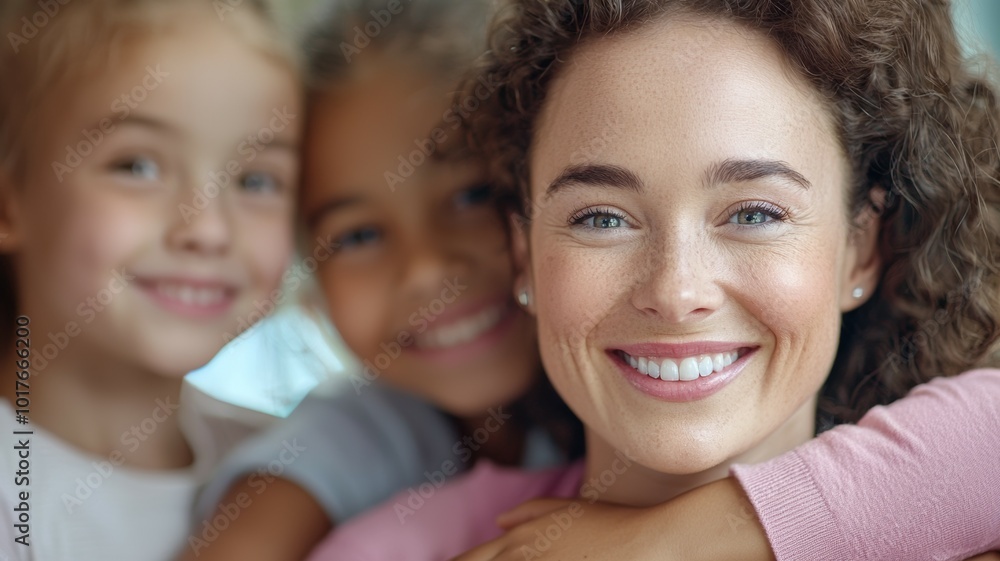 A joyful woman smiles while embraced by two children in a bright, cozy indoor setting during the afternoon A joyful woman smiles while embraced by two children in a bright, cozy indoor setting during the afternoon