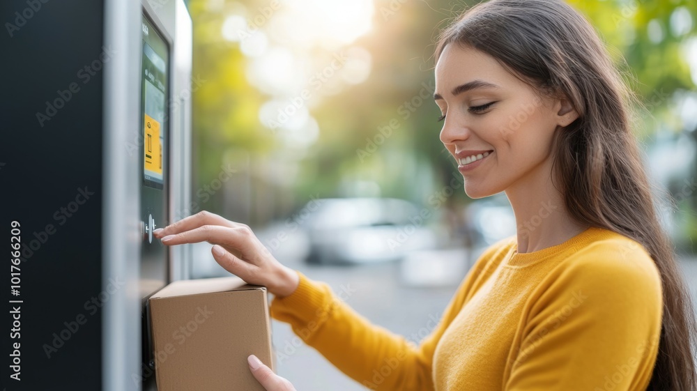 Young woman happily using a package drop-off kiosk in a sunny urban setting during the afternoon Young woman happily using a package drop-off kiosk in a sunny urban setting during the afternoon