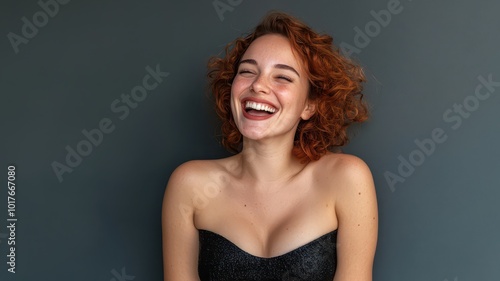 A happy young woman in a chic black mini dress poses playfully in a minimalist studio, where natural light beautifully accentuates her radiant smile.