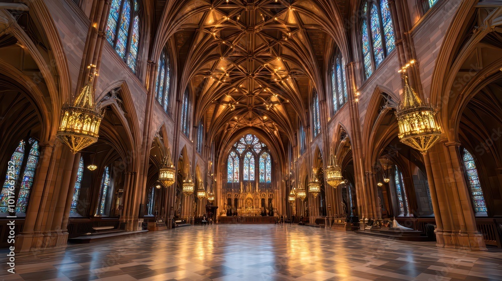 Fototapeta premium A majestic cathedral-like hall featuring stunning stained glass windows that cast colorful light across the intricate stone carvings adorning the walls.