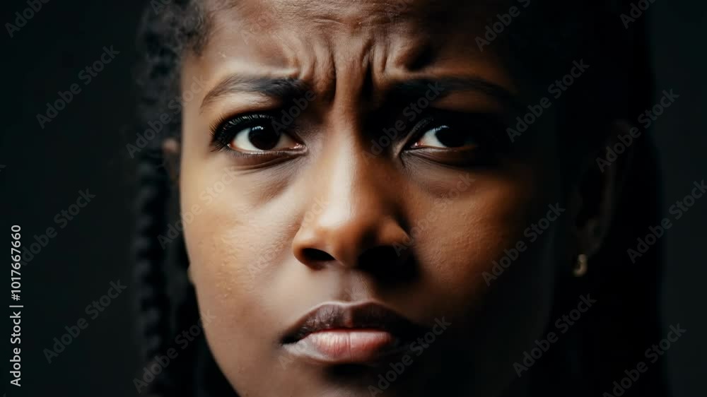 Dramatic close-up video of a young woman with dreadlocks, expressing anger evolving into understanding under dramatic side lighting. Dramatic close-up video of a young woman with dreadlocks, expressing anger evolving into understanding under dramatic side lighting.
