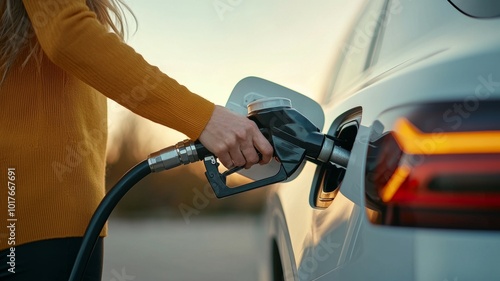 Person refueling a car at a gas station during sunset, showcasing a typical everyday activity