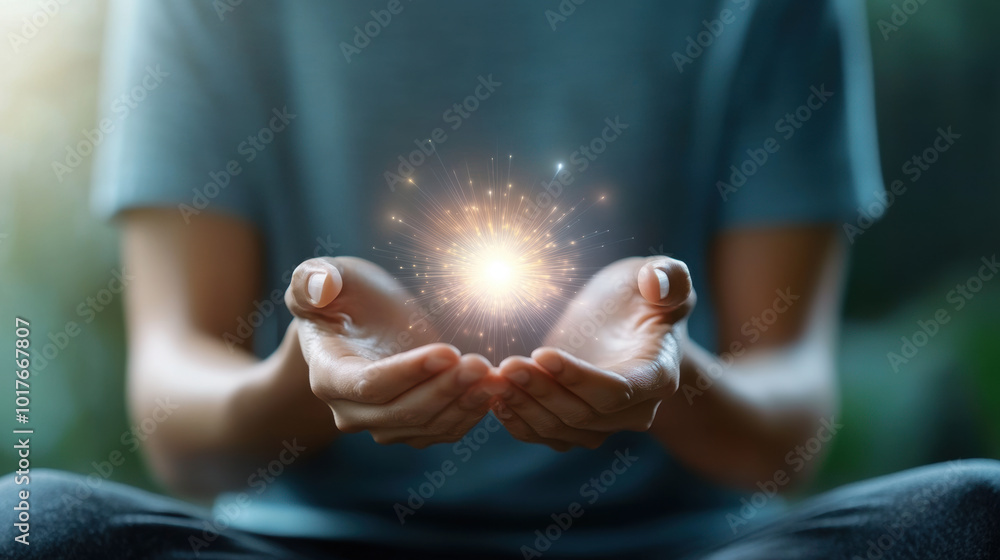 Harnessing energy with hands, glowing orb of light radiates positivity and healing. This serene moment captures essence of mindfulness and energy work Harnessing energy with hands, glowing orb of light radiates positivity and healing. This serene moment captures essence of mindfulness and energy work