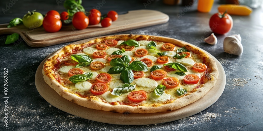 a pizza with tomatoes and basil on it a pizza with tomatoes and basil on it