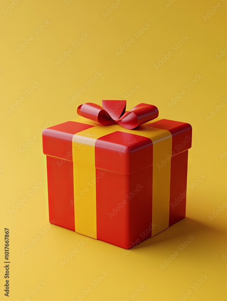 Red and Yellow Gift Box with Bow on Yellow Background Red and Yellow Gift Box with Bow on Yellow Background