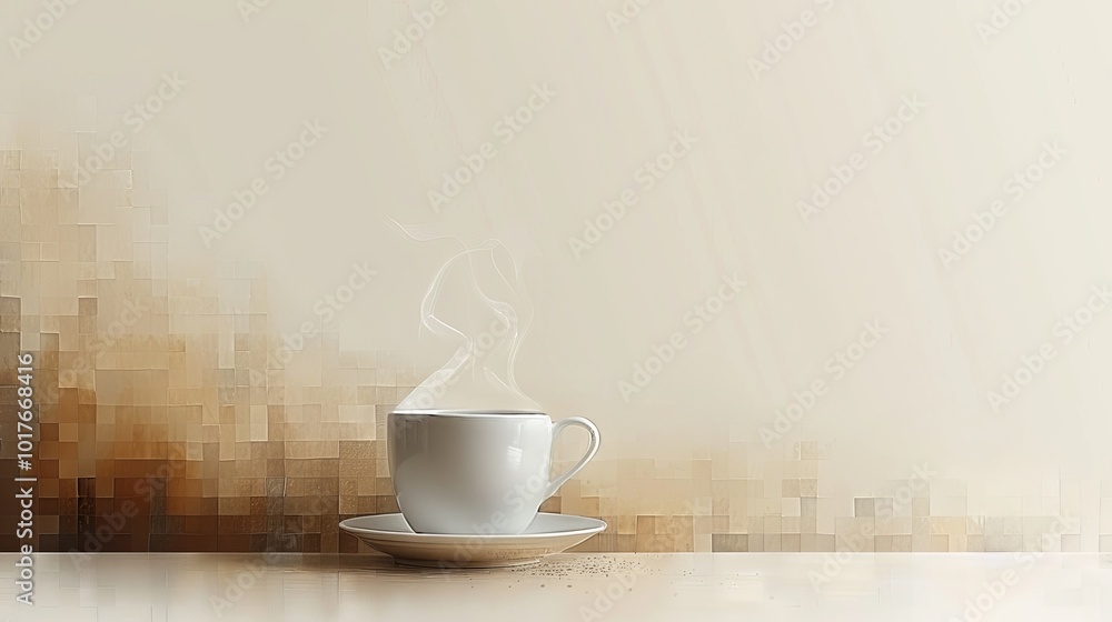 Minimalistic beige coffee cup on a matching saucer against a light cream background Minimalistic beige coffee cup on a matching saucer against a light cream background