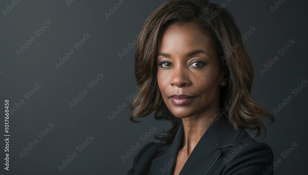 Obraz premium Attractive African American woman wearing business attire. Confident Businesswoman: A young African American woman with natural hair smiles confidently in a professional setting.