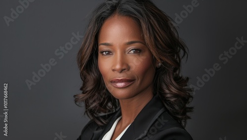 Attractive African American woman wearing business attire. Confident Businesswoman: A young African American woman with natural hair smiles confidently in a professional setting.