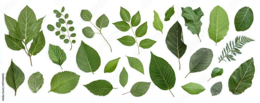 A collection of various green tree leaves, meticulously isolated and arranged on a clean white background. A collection of various green tree leaves, meticulously isolated and arranged on a clean white background.