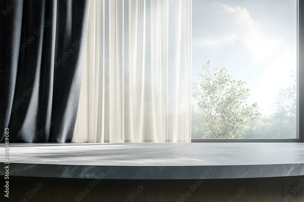Concrete kitchen countertop on window background with curtains for product presentation. Empty tabletop mockup for food advertisement design. Clean podium in home interior Concrete kitchen countertop on window background with curtains for product presentation. Empty tabletop mockup for food advertisement design. Clean podium in home interior